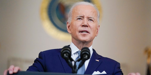 FILE - President Biden speaks as he announces Judge Ketanji Brown Jackson as his nominee to the Supreme Court in the Cross Hall of the White House, Feb. 25, 2022, in Washington.