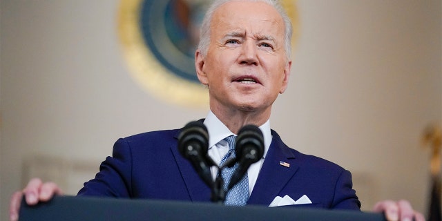 FILE - President Biden speaks as he announces Judge Ketanji Brown Jackson as his nominee to the Supreme Court in the Cross Hall of the White House, Feb. 25, 2022, in Washington, D.C.