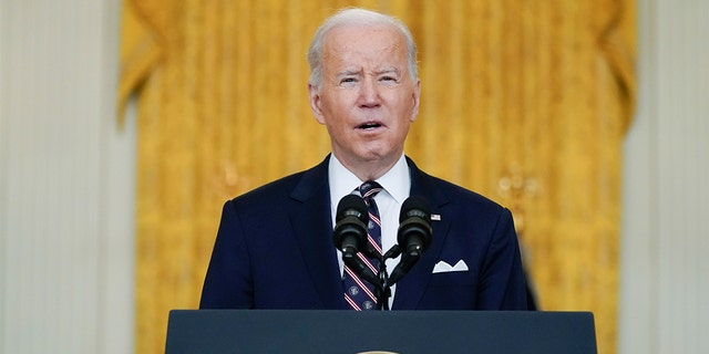 President Biden speaks on Ukraine in the East Room of the White House, Tuesday, Feb. 22, 2022, in Washington. 