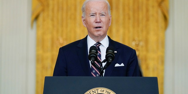 President Biden speaks about Ukraine in the East Room of the White House, Tuesday, Feb. 22, 2022, in Washington.
