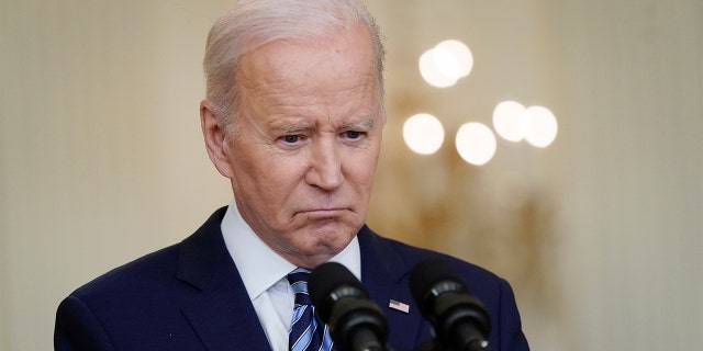 President Biden listens to questions from reporters while speaking about the Russian invasion of Ukraine at the White House on Feb. 24, 2022.