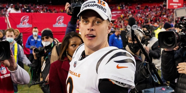 Cincinnati Bengals quarterback Joe Burrow celebrates after winning the AFC Championship Game against the Chiefs at Arrowhead Stadium on Jan. 30, 2022, in Kansas City, Missouri.