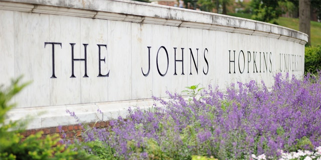 Close-up of sign for The Johns Hopkins University in Baltimore, Maryland.  