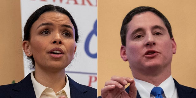 GOP Senate candidate Josh Mandel debates Democratic candidate Morgan Harper at a Baptist church in Columbus, Ohio, on Jan. 27, 2022.