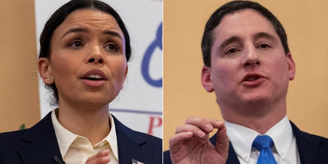 GOP Senate candidate Josh Mandel debates Democratic candidate Morgan Harper at a Baptist church in Columbus, Ohio, on Jan. 27, 2022.