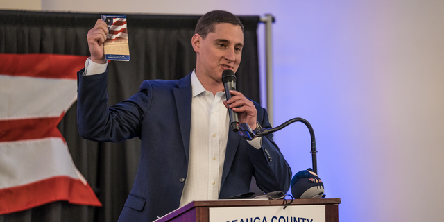 Republican Senate candidate and former Ohio treasurer Josh Mandel speaks to the Geagua County Conservative Club in Chesterland, Ohio, on May 20, 2021.