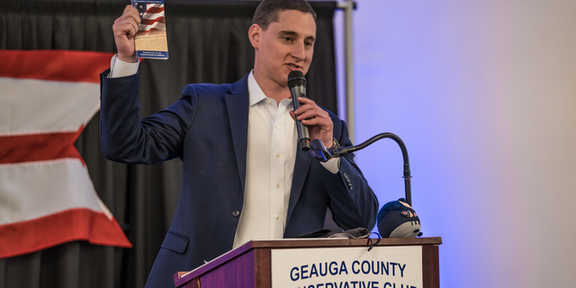 Republican Senate candidate and former Ohio treasurer Josh Mandel speaks to the Geagua County Conservative Club in Chesterland, Ohio, on May 20, 2021.