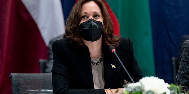 Vice President Kamala Harris speaks during a meeting with Estonia Prime Minister Kaja Kallas, Latvian President Egils Levits and Lithuanian President Gitanas Nauseda during the Munich Security Conference in Munich, Friday, Feb. 18, 2022.