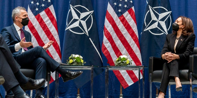 Vice President Kamala Harris meets with NATO Secretary General Jens Stoltenberg, left, during the Munich Security Conference, Friday, Feb. 18, 2022, in Munich.