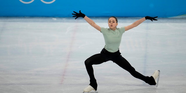 Kamila Valieva, of the Russian Olympic Committee, trains at the 2022 Winter Olympics, Wednesday, Feb. 16, 2022, in Beijing.