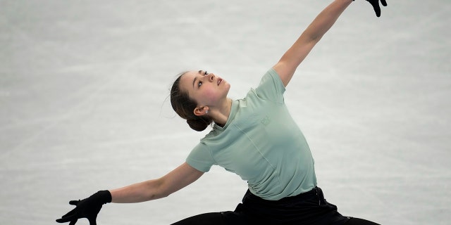Kamila Valieva, of the Russian Olympic Committee, trains at the 2022 Winter Olympics, Wednesday, Feb. 16, 2022, in Beijing.