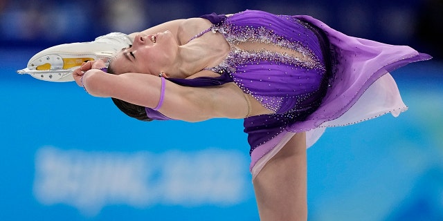 Kamila Valieva, of the Russian Olympic Committee, competes in the women's short program during the figure skating at the 2022 Winter Olympics, Tuesday, Feb. 15, 2022, in Beijing.