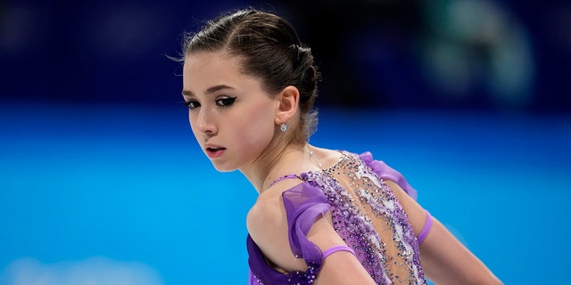 Kamila Valieva of the Russian Olympic Committee warms up before the women's short program during figure skating at the 2022 Winter Olympics, Tuesday, Feb. 15, 2022, in Beijing.