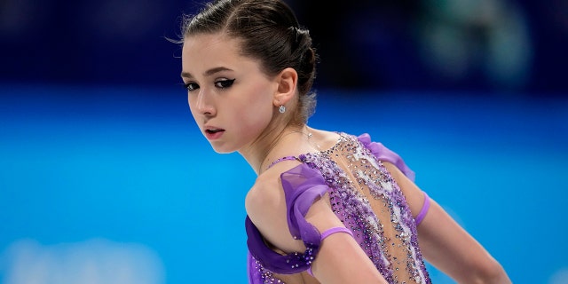 Kamila Valieva, of the Russian Olympic Committee,warms up before the women's short program during the figure skating at the 2022 Winter Olympics, Tuesday, Feb. 15, 2022, in Beijing.