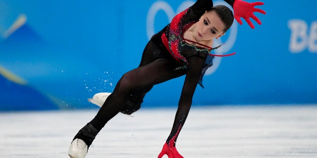 Kamila Valieva, of the Russian Olympic Committee, falls in the women's free skate program during the figure skating competition at the 2022 Winter Olympics, Thursday, Feb. 17, 2022, in Beijing.