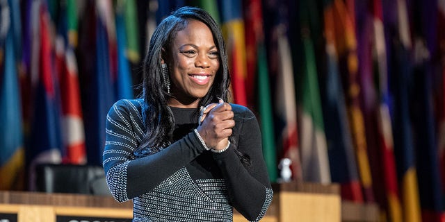 Teacher Keishia Thorpe reacts after winning the Global Teacher Prize 2021 at the UNESCO headquarters in Paris, on Nov. 10, 2021. "Track and field was my savior" as a young person, she told Fox News. 