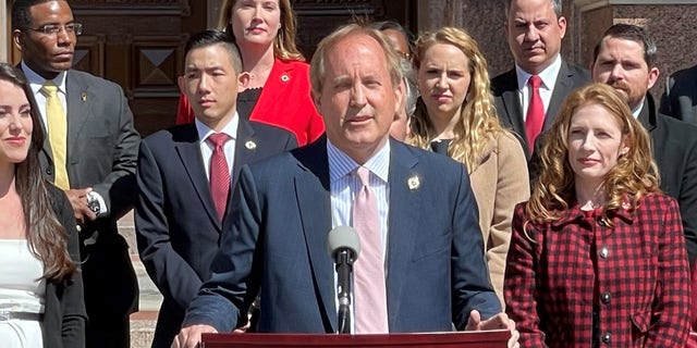 Texas Attorney General Ken Paxton speaks at a news conference outside the Statehouse marking the passage six months ago of a state law that bans most abortions, in Austin, Texas on Feb. 28, 2022