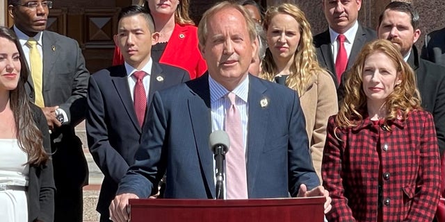 Texas Attorney General Ken Paxton speaks at a news conference outside the Statehouse marking the passage six months ago of a state law that bans most abortions, in Austin, Texas on Feb. 28, 2022