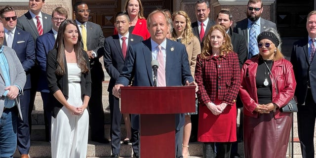 Texas Attorney General Ken Paxton speaks at a news conference outside the Statehouse marking the passage six months ago of a state law that bans most abortions, in Austin, Texas on Feb. 28, 2022