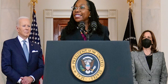 Judge Ketanji Brown Jackson speaks after President Joe Biden announced Jackson as his nominee to the Supreme Court in the Cross Hall of the White House, Friday, Feb. 25, 2022, in Washington. Vice President Kamala Harris listens at right. 