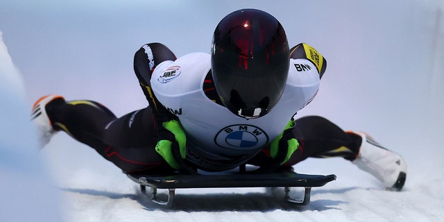 Kim Meylemans of Belgium competes in the women's skeleton during the BMW IBSF World Cup Bob and Skeleton 2021/22 at Veltins Eis-Arena Dec. 10, 2021, in Winterberg, Germany.