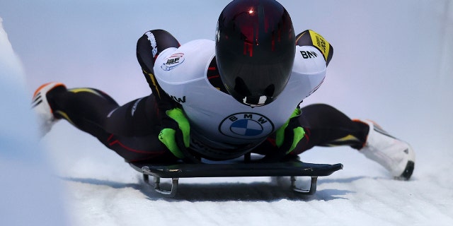 Kim Meylemans of Belgium competes in the women's skeleton during the BMW IBSF World Cup Bob and Skeleton 2021/22 at Veltins Eis-Arena Dec. 10, 2021, in Winterberg, Germany.