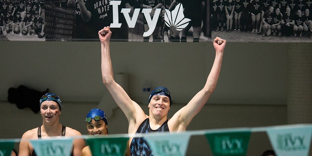 University of Pennsylvania swimmer Lia Thomas reacts after her team wins the 400-yard freestyle relay during the 2022 Ivy League Women's Swimming and Diving Championships at Blodgett Pool on Feb. 19, 2022, in Cambridge, Massachusetts.