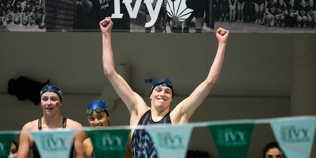 University of Pennsylvania swimmer Lia Thomas reacts after her team wins the 400-yard freestyle relay during the 2022 Ivy League Women's Swimming and Diving Championships at Blodgett Pool on Feb. 19, 2022, in Cambridge, Massachusetts.