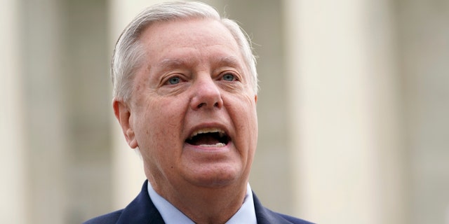 FILE - Sen. Lindsey Graham, R-S.C., speaks during a news conference outside the Supreme Court in Washington on April 22, 2021. (AP Photo/Susan Walsh)