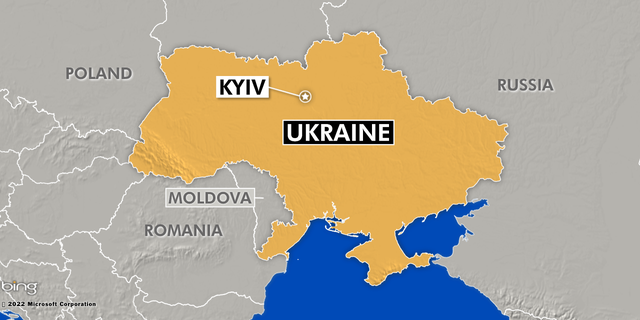 This map of Ukraine shows its capital Kyiv and its boundary with Russia.