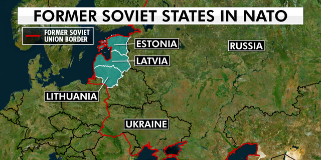 A map shows the boundaries of the former Soviet Union, with NATO "Baltic" states highlighted. Many speculate those countries could face covert action and cyberattacks from Russia soon.