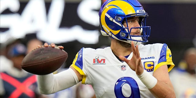 Los Angeles Rams quarterback Matthew Stafford (9) throws against the Cincinnati Bengals during the first half of an NFL Super Bowl 56 football game on Sunday, February 13, 2022, in Inglewood, California.