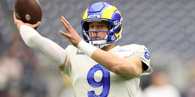 Matthew Stafford of the Los Angeles Rams throws the ball during pregame warmups before the game against the Houston Texans at NRG Stadium on Oct. 31, 2021, in Houston, Texas.