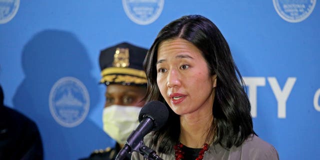 Boston Mayor Michelle Wu speaking to the media in January 2022.