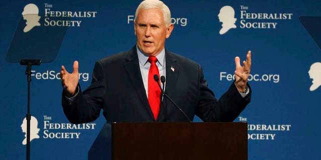 Former Vice President Mike Pence speaks at the Florida chapter of the Federalist Society's annual meeting at Disney's Yacht Club resort in Walt Disney World on Friday, Feb. 4, 2022, in Lake Buena Vista, Fla. 