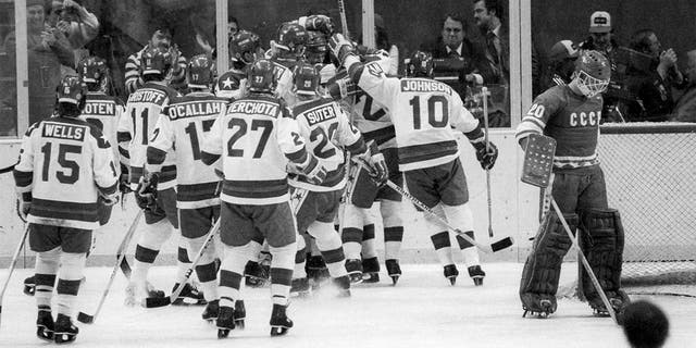 Members of the U.S. Winter Olympics hockey team celebrate during the "Miracle on Ice" on Feb. 22, 1980. (Photo by Tom Sweeney/Star Tribune via Getty Images)