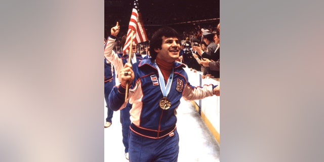 Lake Placid, New York, 1980: Mike Eruzione, U.S. hockey team gold medal winners in the Men's ice hockey tournament, the "Miracle on Ice," at the 1980 Winter Olympics / XIII Olympic Winter Games, Olympic Fieldhouse.