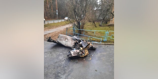 Pieces of a missile are shown lying on a village street outside Kyiv, Ukraine, on Friday, Feb. 25, 2022. One of Manoff's students sent this photo to her. 