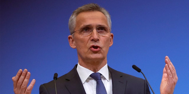 NATO Secretary General Jens Stoltenberg speaks during a media conference after a meeting of the NATO-Ukraine Commission at NATO headquarters in Brussels, Tuesday, Feb. 22, 2022. 