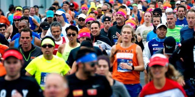 Runners cross the Verrazano-Narrows Bridge during the New York City Marathon on Sunday, Nov. 5, 2017, in New York.