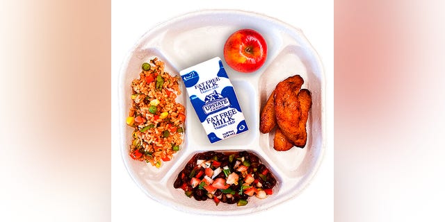 NYC Schools Launches Vegan Lunches On Fridays - Fox News 4 This photo provided by the New York City Department of Education shows the Black Bean and Plantain Rice Bowl, green garden salad, salad bar carrot and lemon salad vegan school lunch.
