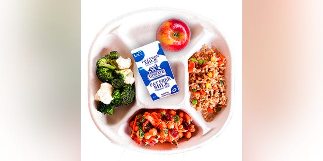 NYC Schools Launches Vegan Lunches On Fridays - Fox News 2 This photo provided by the New York City Department of Education shows Mediterranean chickpeas, served with rice or pasta, roasted cauliflower and broccoli, salad bar spinach and cranberry salad vegan school lunch.