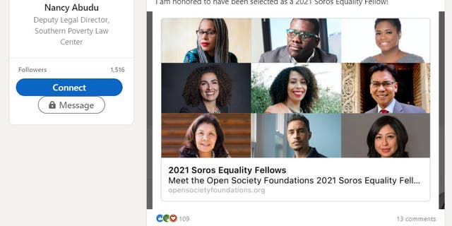 LinkedIn screenshot of Nancy Abudu "liking" an announcement about Soros Equality Fellows.