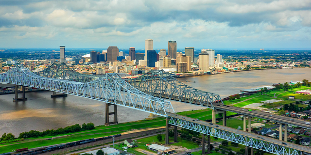 The city skyline of New Orleans, Louisiana, and surrounding metropolitan area along the banks of the Mississippi River shot from an altitude of about 1000 feet during a helicopter photo flight.