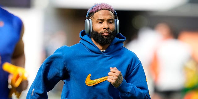 Los Angeles Rams wide receiver Odell Beckham Jr. warms up before the Super Bowl against the Cincinnati Bengals Feb. 13, 2022, in Inglewood, Calif.
