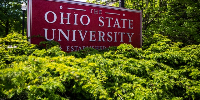 This May 8, 2019, file photo, shows a sign for Ohio State University in Columbus, Ohio. 
