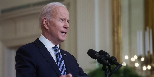 U.S. President Joe Biden delivers remarks on Russia's attack on Ukraine, in the East Room of the White House in Washington, U.S., February 24, 2022.