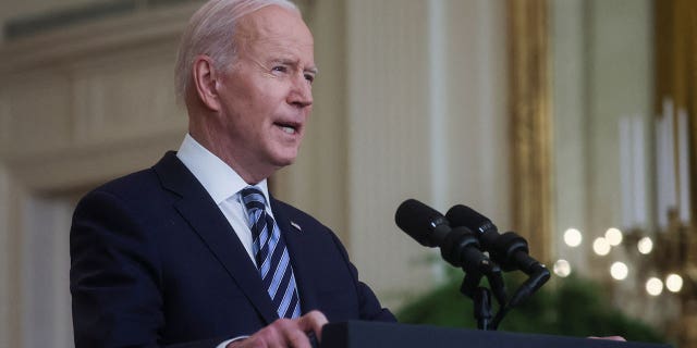 U.S. President Joe Biden delivers remarks on Russia's attack on Ukraine, in the East Room of the White House in Washington, U.S., February 24, 2022.