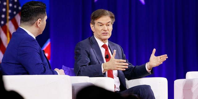 Mehmet Oz, celebrity physician and Republican Senate candidate for Pennsylvania, speaks during the Conservative Political Action Conference in Orlando, Florida, Feb. 27, 2022. 
