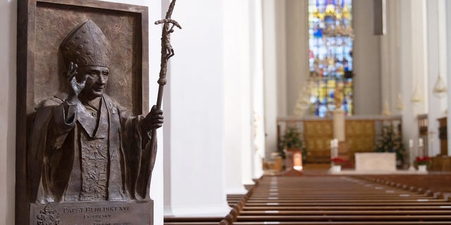 A relief of Pope Benedict XVI is on display in the Frauenkirche in Munich, Germany.